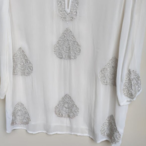 CHICOS | NWT Sheer Cream Metallic Silver Embroidered Blouse Holiday Party L - Picture 8 of 13